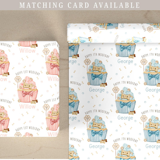 Dog Birthday Gift Wrapping Paper, Personalised Happy Woofday Gift Wrap for the Dog, Pink or Blue Pupcake Pet Birthday Gift Wrap for Any Age