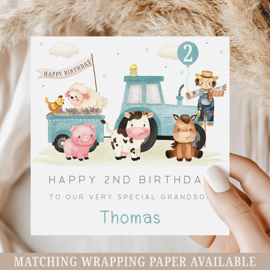 Blue Tractor Birthday Card, Personalised Farm Animals 1st, 2nd, 3rd, 4th Any Age Birthday Card for Son, Grandson, Nephew, Brother, Boys