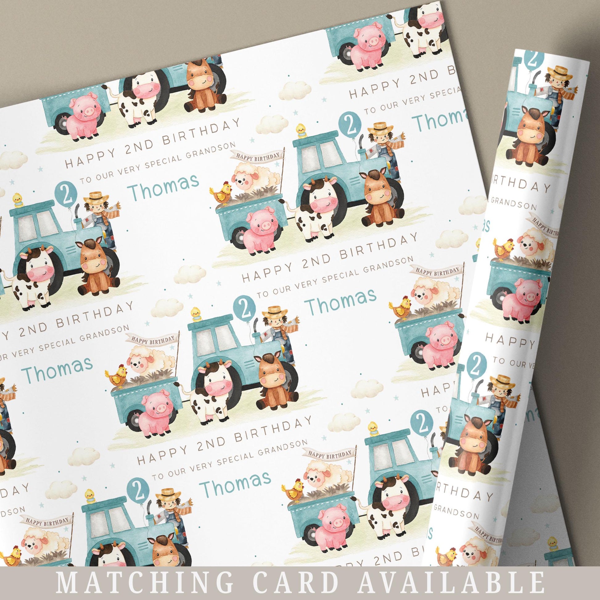 Blue Tractor Birthday Gift Wrapping Paper, Personalised 1st, 2nd, 3rd, 4th Any Age Farm Animals Birthday Gift Wrap for Son, Grandson, Nephew
