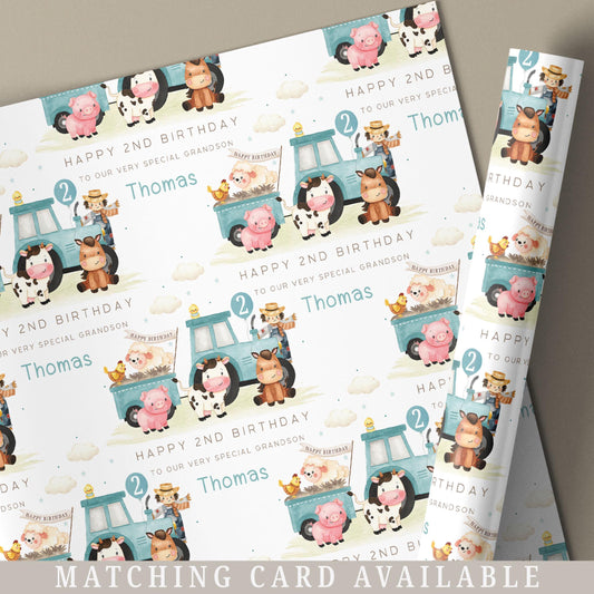 Blue Tractor Birthday Gift Wrapping Paper, Personalised 1st, 2nd, 3rd, 4th Any Age Farm Animals Birthday Gift Wrap for Son, Grandson, Nephew