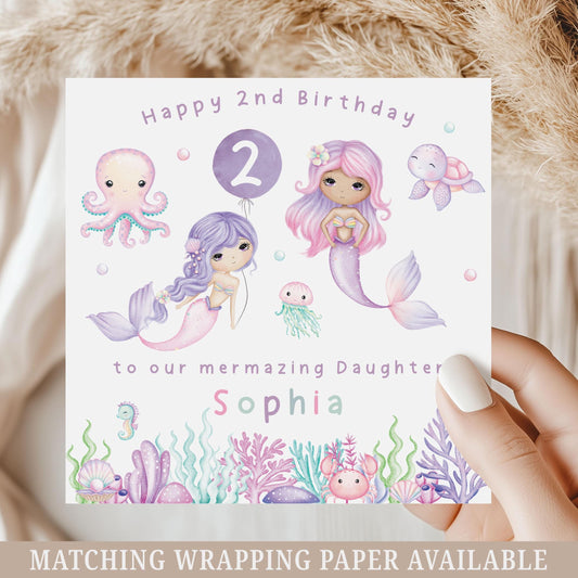 Birthday Card for 2, 3 4 Year Old, Personalised Mermaid Birthday Card for Daughter, Granddaughter, Niece, Sister, Girls Mermazing Birthday