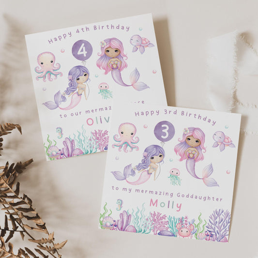 Birthday Card for 2, 3 4 Year Old, Personalised Mermaid Birthday Card for Daughter, Granddaughter, Niece, Sister, Girls Mermazing Birthday