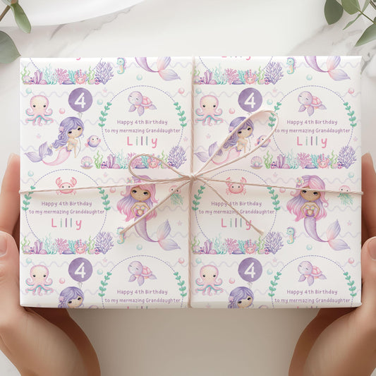 Mermaid Birthday Gift Wrapping Paper, Personalised Mermazing 2nd 3rd 4th Any Age Birthday Gift Wrap and Card, Daughter, Granddaughter, Girls