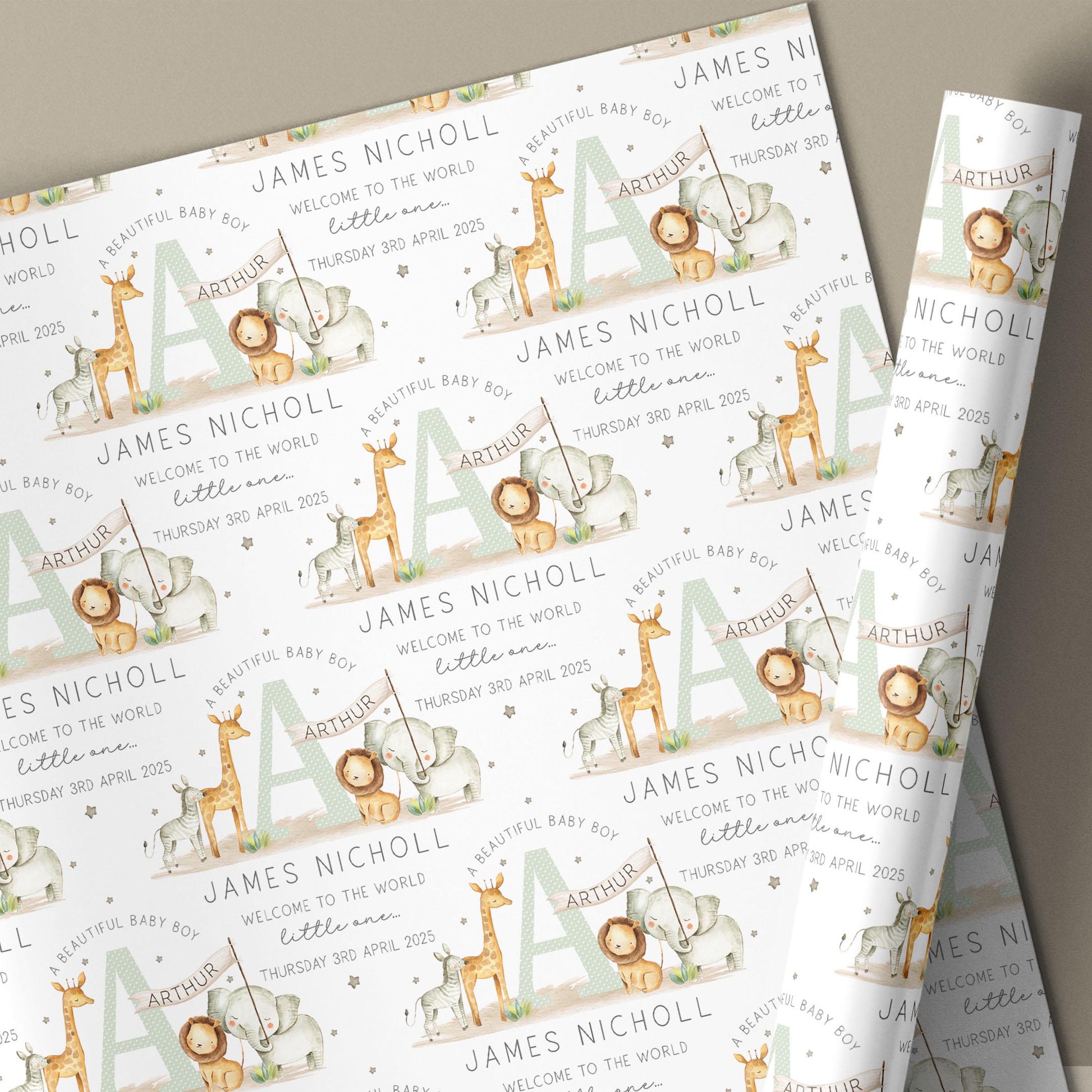 Personalised New Baby Cushion, New Baby Boy Gift, Welcome Baby Boy Gift, Safari Nursery Decor, Baby Boy Nursery Pillow, Safari Animals