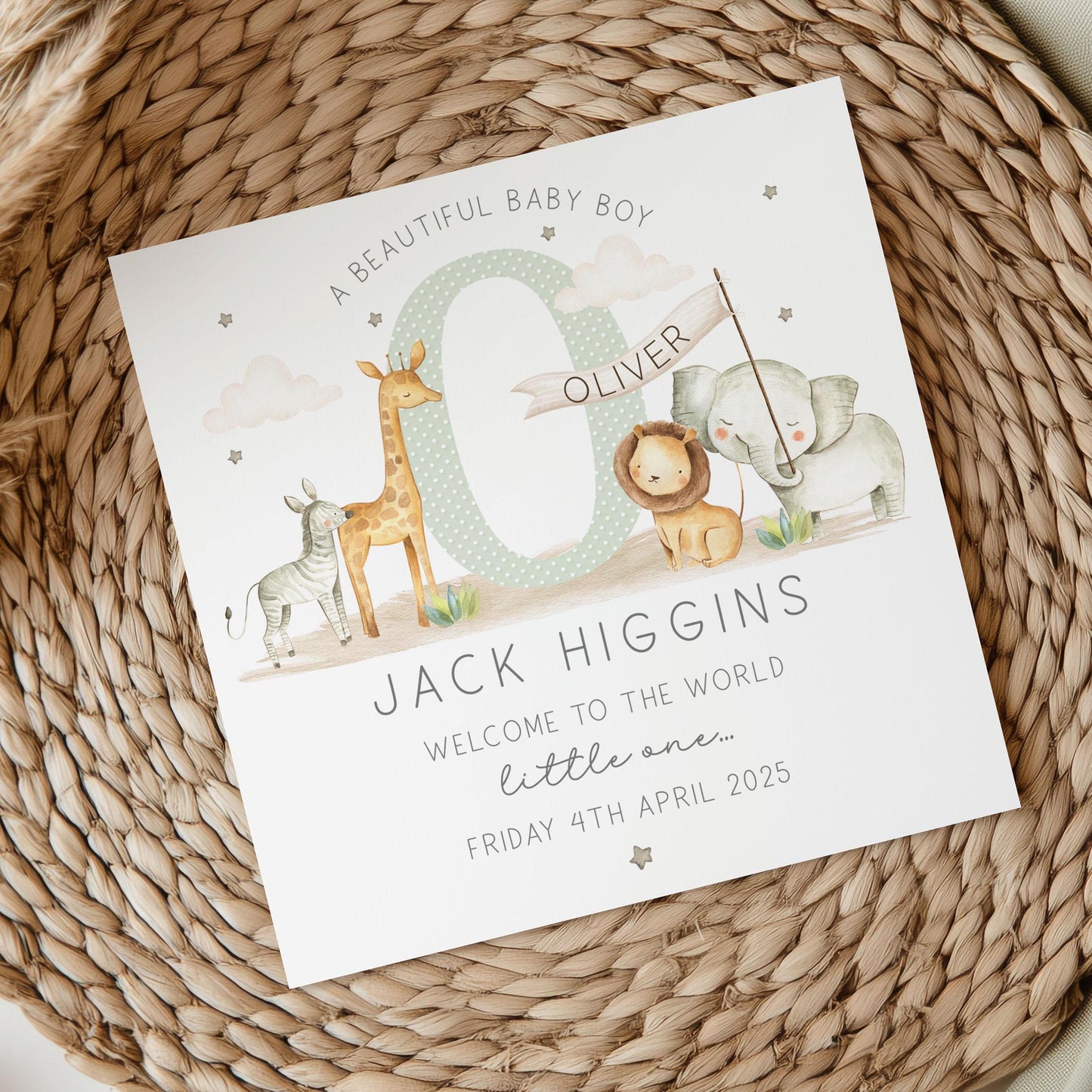 Personalised New Baby Cushion, New Baby Boy Gift, Welcome Baby Boy Gift, Safari Nursery Decor, Baby Boy Nursery Pillow, Safari Animals