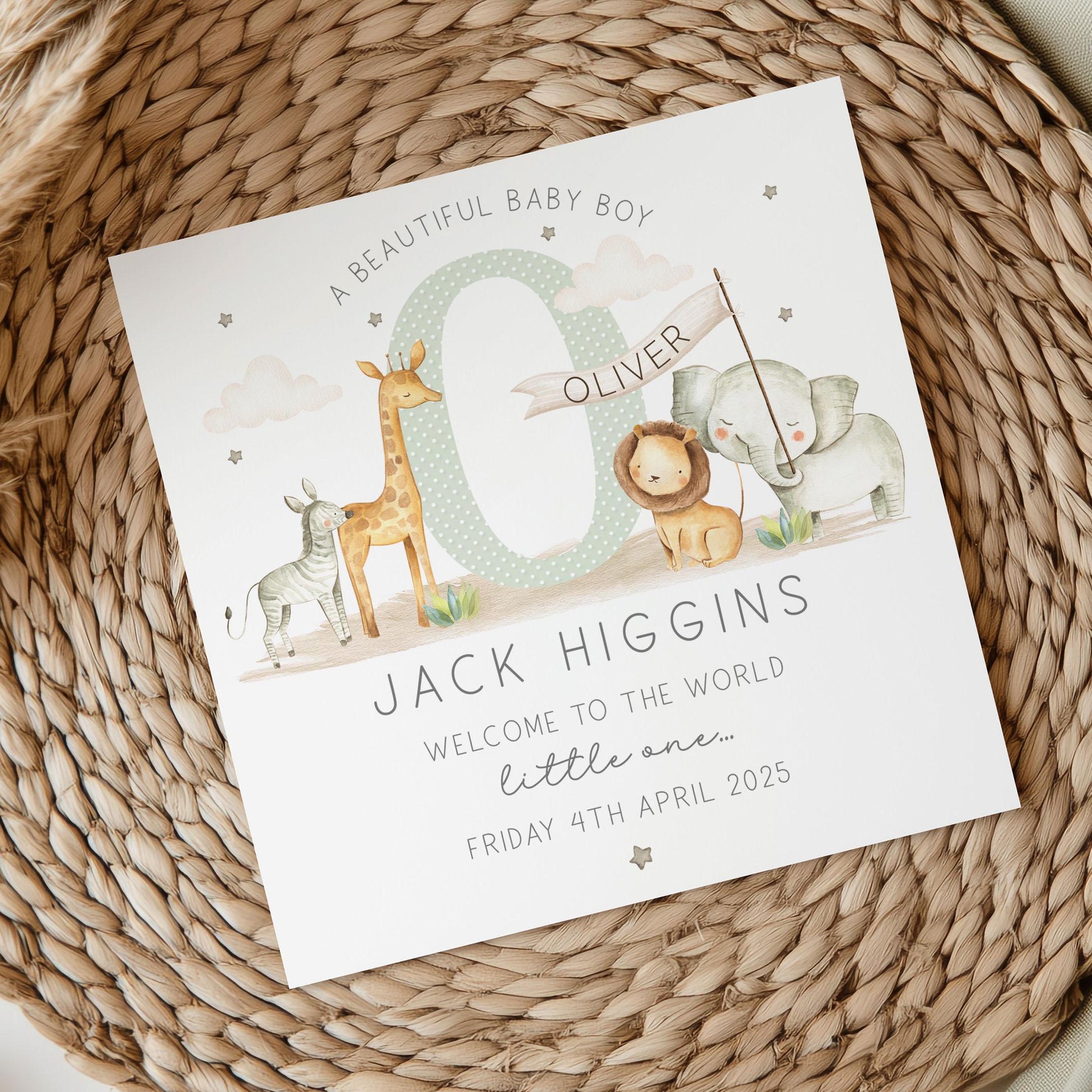 Personalised New Baby Cushion, New Baby Boy Gift, Welcome Baby Boy Gift, Safari Nursery Decor, Baby Boy Nursery Pillow, Safari Animals