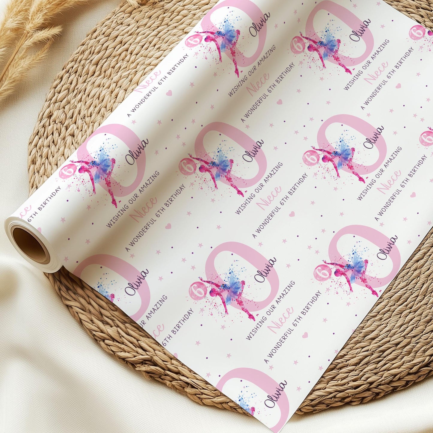 Ballerina Birthday Gift Wrapping Paper, Personalised 6th 7th 8th Any Age Ballet Dancer Birthday Gift Wrap & Card for Girls, Ballerina Gift