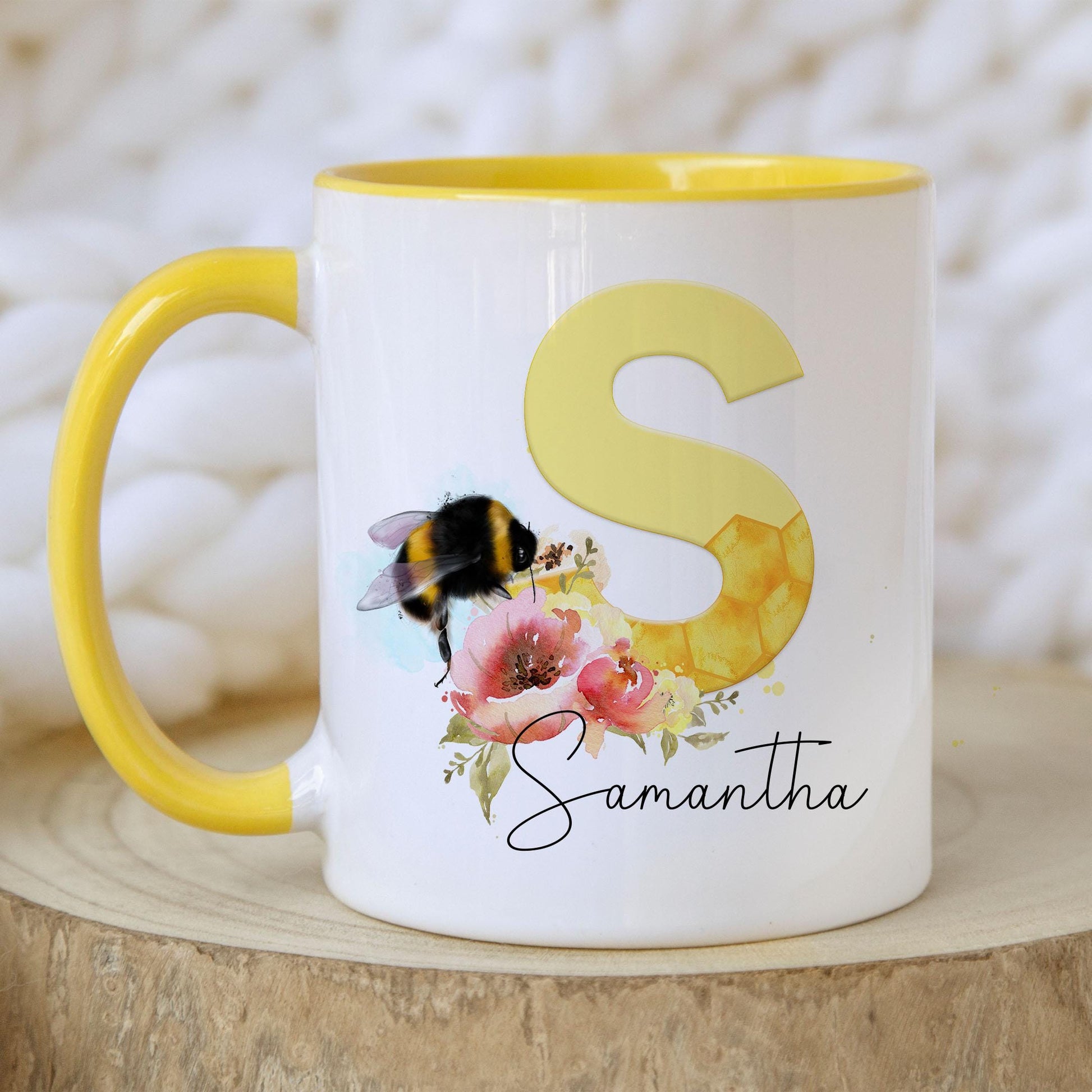 Personalised Bee Initial Mug, Tea Coffee Bee Mug Gift, Choice of Mug Colours, Bee Alphabet Mug, Gift for Bee Keeper, for Friend, for Teacher