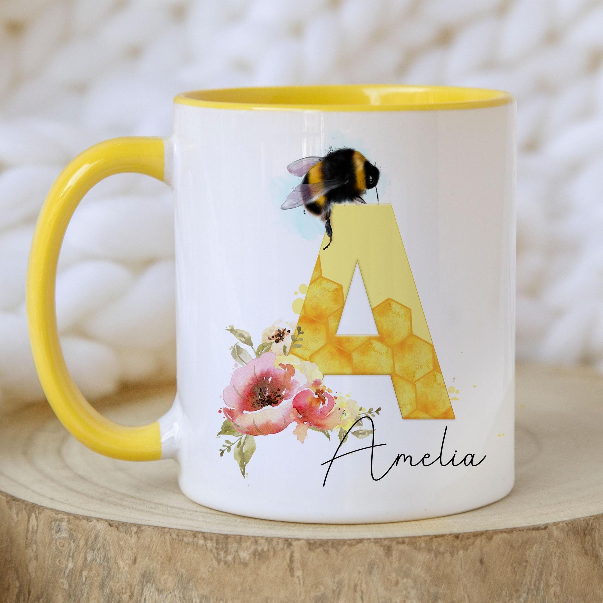 Personalised Bee Initial Mug, Tea Coffee Bee Mug Gift, Choice of Mug Colours, Bee Alphabet Mug, Gift for Bee Keeper, for Friend, for Teacher