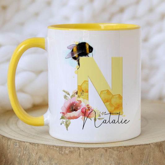 Personalised Bee Initial Mug, Tea Coffee Bee Mug Gift, Choice of Mug Colours, Bee Alphabet Mug, Gift for Bee Keeper, for Friend, for Teacher