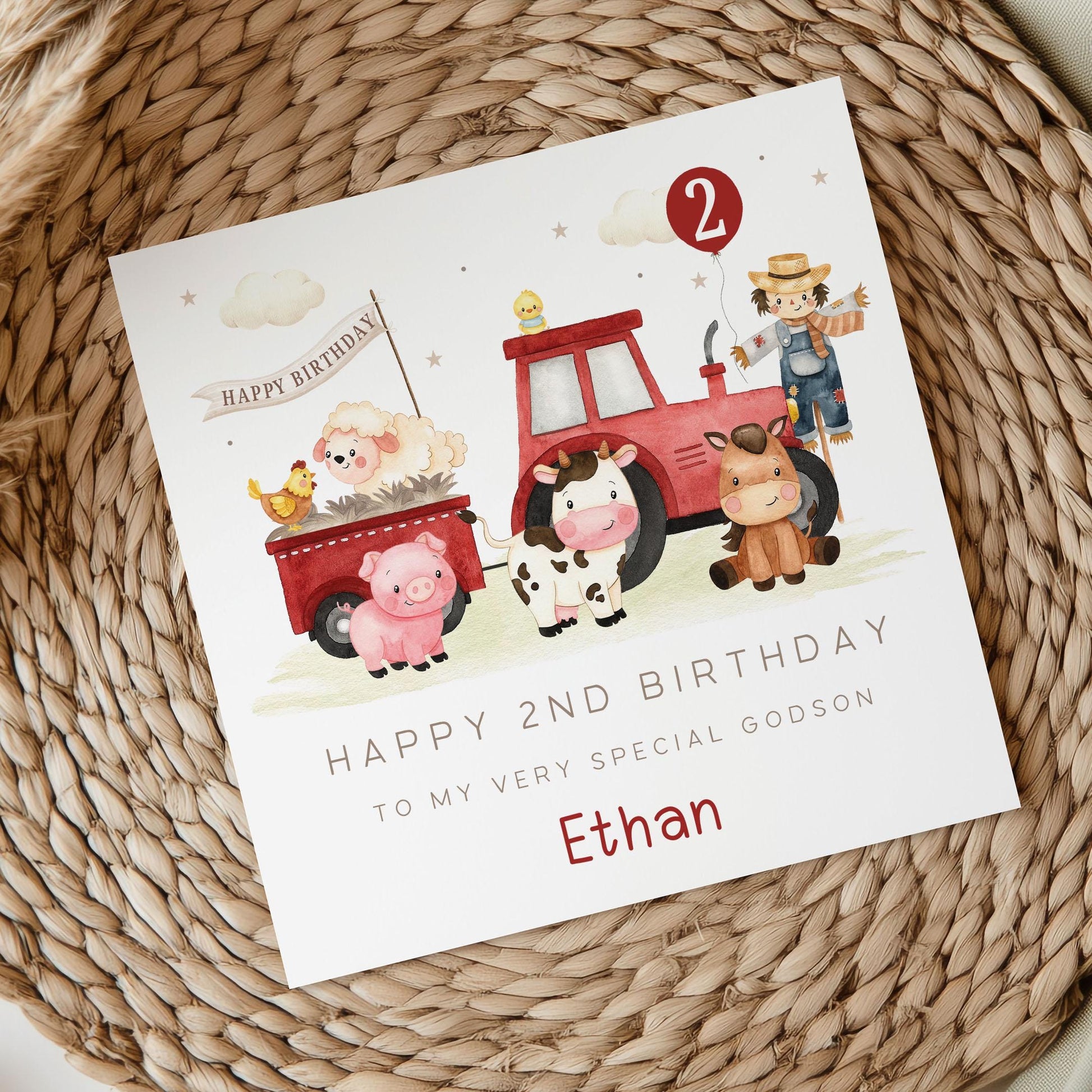 Personalised 1st Birthday Card, Red Tractor Farm Animals 2nd, 3rd, 4th Any Age Birthday Card for Son, Grandson, Nephew, Brother, Boys Girls