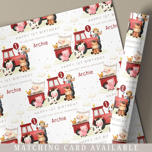 Red Tractor Birthday Gift Wrapping Paper, Personalised 1st, 2nd, 3rd, 4th Any Age Farm Animals Birthday Gift Wrap for Son, Grandson, Nephew