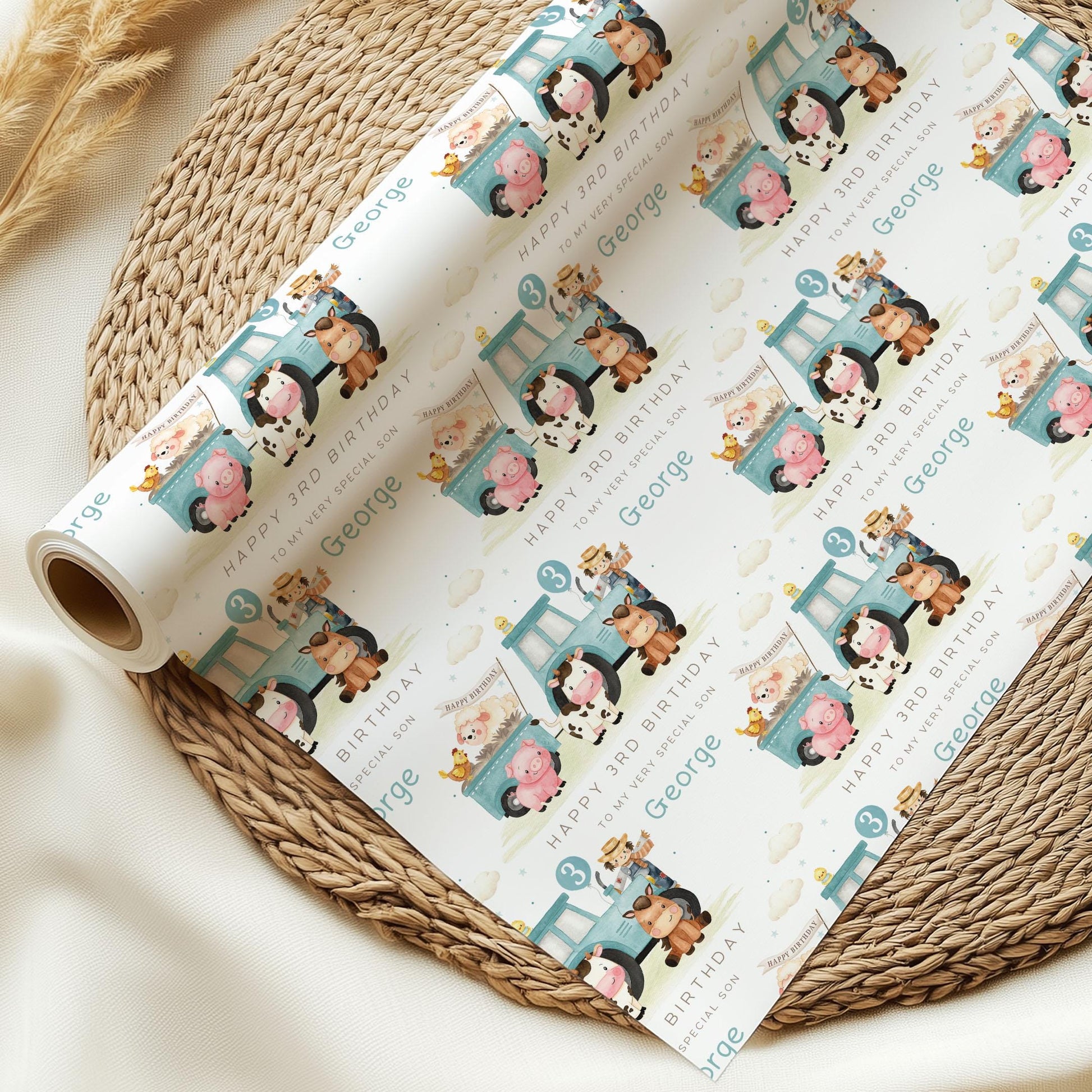Blue Tractor Birthday Gift Wrapping Paper, Personalised 1st, 2nd, 3rd, 4th Any Age Farm Animals Birthday Gift Wrap for Son, Grandson, Nephew