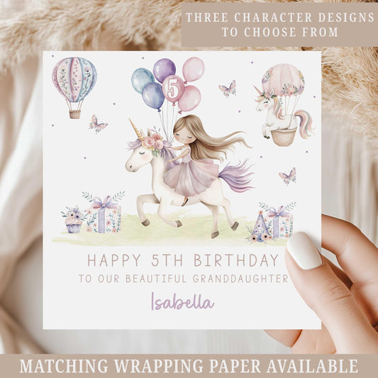 Personalised Birthday Card for Girls, Princess & Unicorn 4th 5th 6th 7th Any Age Birthday Card for Daughter, Granddaughter, Niece, Sister