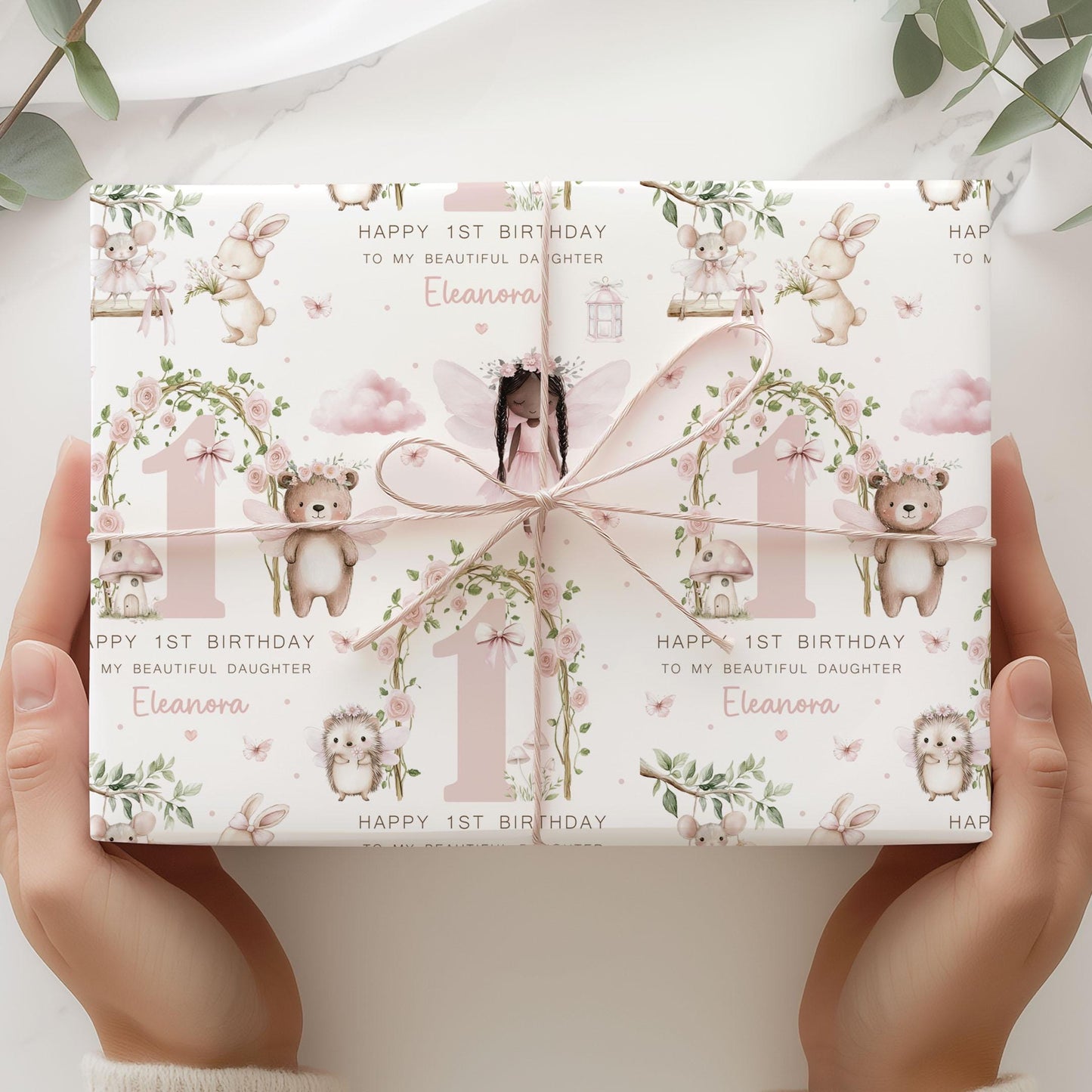 Girls Fairy Birthday Gift Wrapping Paper, Personalised 1st Birthday Woodland Fairy and Animals Gift Wrap for Daughter, Granddaughter, Niece
