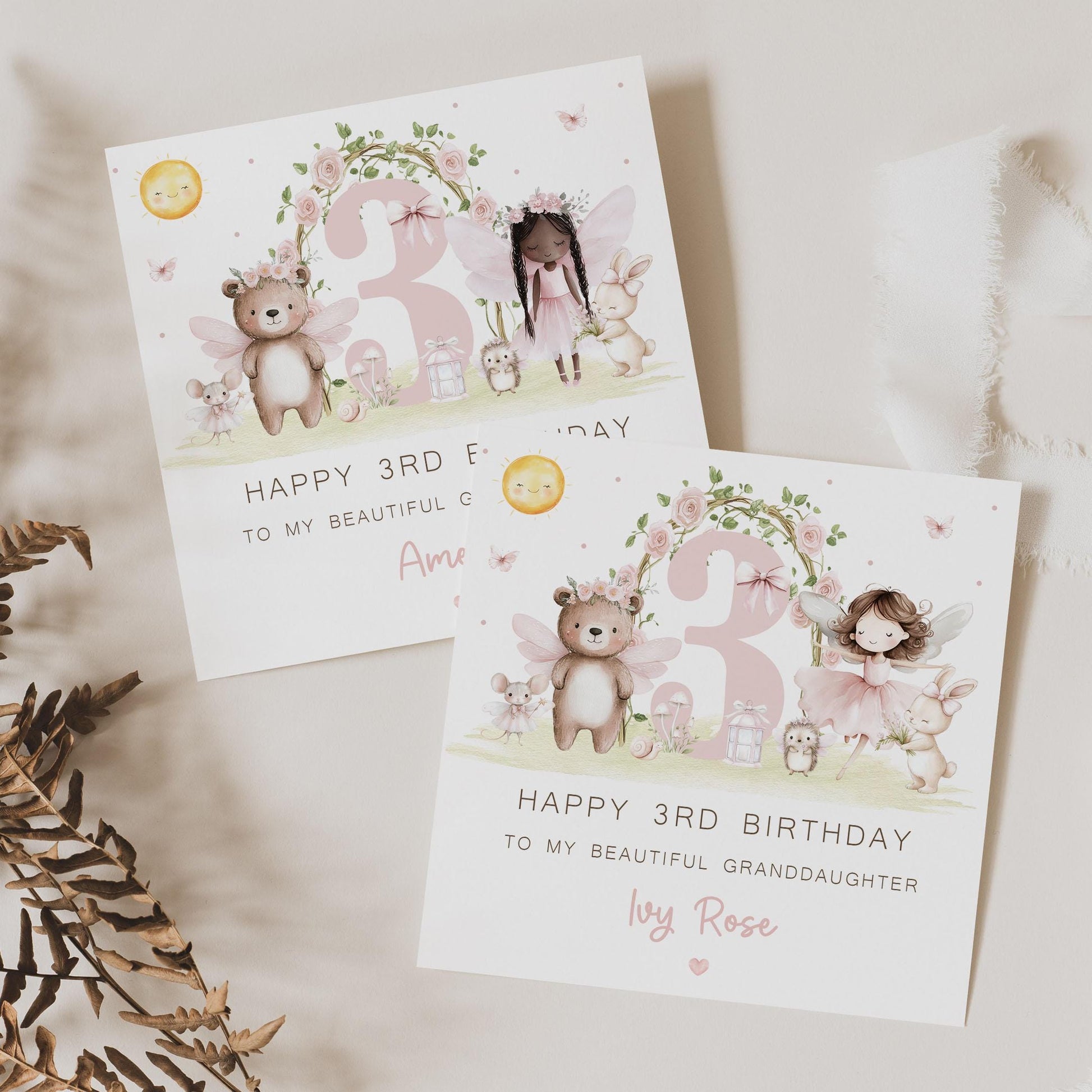 Personalised 3rd Birthday Card, 3 Year Old Birthday Card Woodland Fairy & Animals for Daughter, Granddaughter, Niece, Sister, Girls Age 3