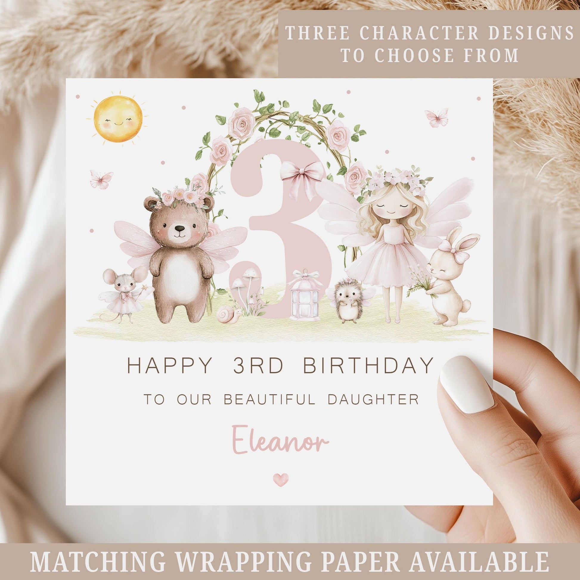 Personalised 3rd Birthday Card, 3 Year Old Birthday Card Woodland Fairy & Animals for Daughter, Granddaughter, Niece, Sister, Girls Age 3