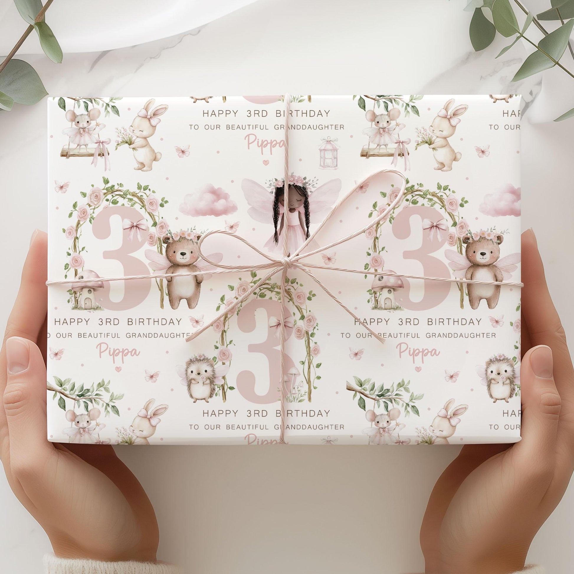 3rd Birthday Gift Wrapping Paper, Personalised 3rd Birthday Woodland Fairy Gift Wrap for Daughter, Granddaughter, Niece, Age 3 Gift Wrap