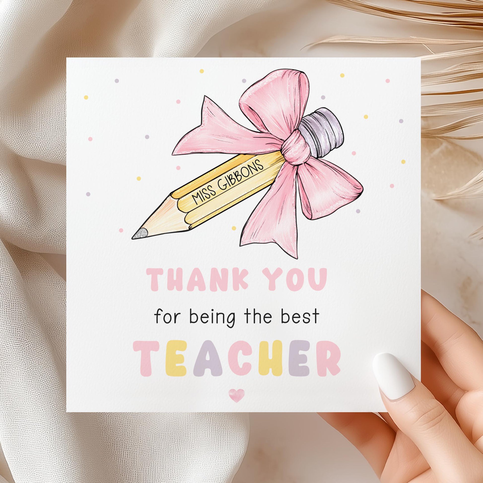 Teacher Thank You Wrapping Paper, Personalised Teacher Gift Wrap, End of Year Gift for Teaching Assistant, Keyworker, Pencil with Pink Bow