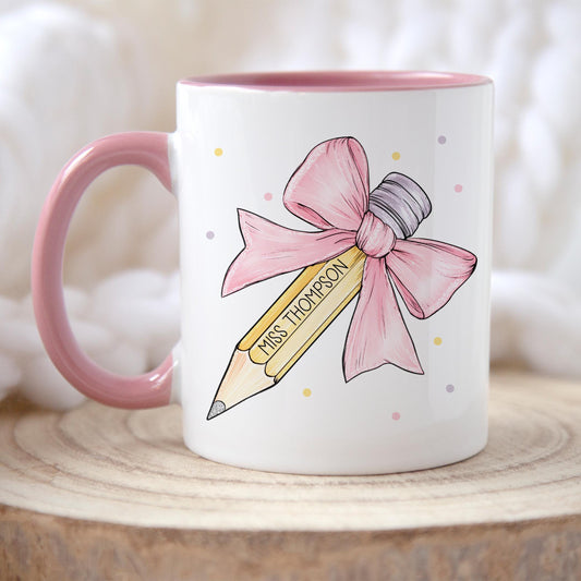 Personalised Teacher Mug, Gift for Teacher, Teaching Assistant, Classroom Assistant, Choice of Mug Colours, Gift for Her, Pencil Pink Bow
