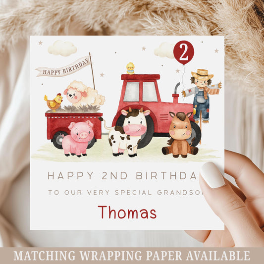 Personalised 1st Birthday Card, Red Tractor Farm Animals 2nd, 3rd, 4th Any Age Birthday Card for Son, Grandson, Nephew, Brother, Boys Girls