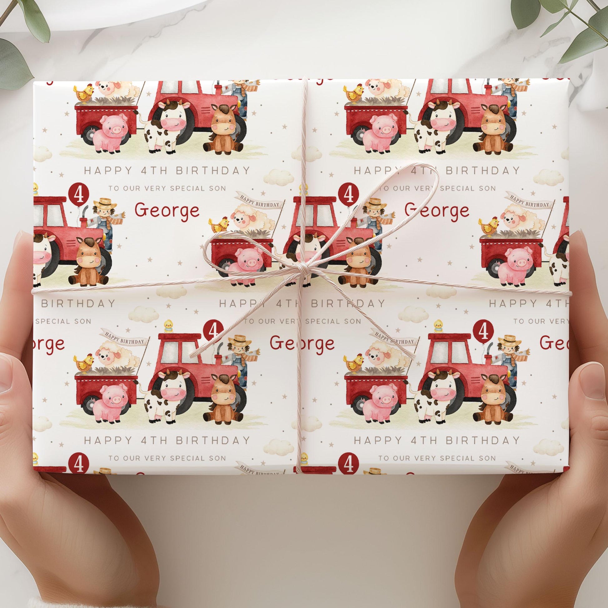 Red Tractor Birthday Gift Wrapping Paper, Personalised 1st, 2nd, 3rd, 4th Any Age Farm Animals Birthday Gift Wrap for Son, Grandson, Nephew