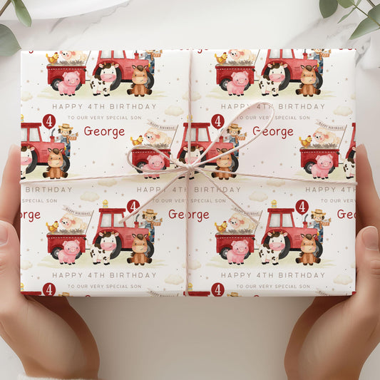 Red Tractor Birthday Gift Wrapping Paper, Personalised 1st, 2nd, 3rd, 4th Any Age Farm Animals Birthday Gift Wrap for Son, Grandson, Nephew