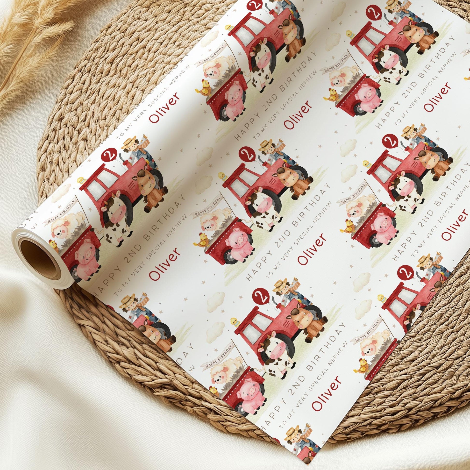 Red Tractor Birthday Gift Wrapping Paper, Personalised 1st, 2nd, 3rd, 4th Any Age Farm Animals Birthday Gift Wrap for Son, Grandson, Nephew