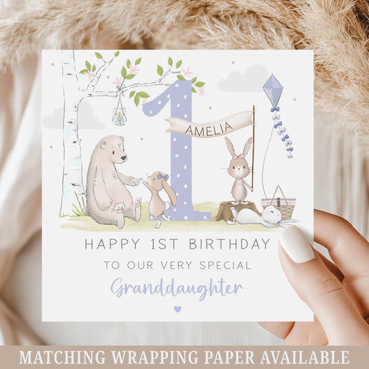 1st Birthday Card for Girls, Personalised 1st 2nd 3rd 4th Happy Birthday Card for Daughter, Granddaughter, Sister, Niece, Cute Bunny Card
