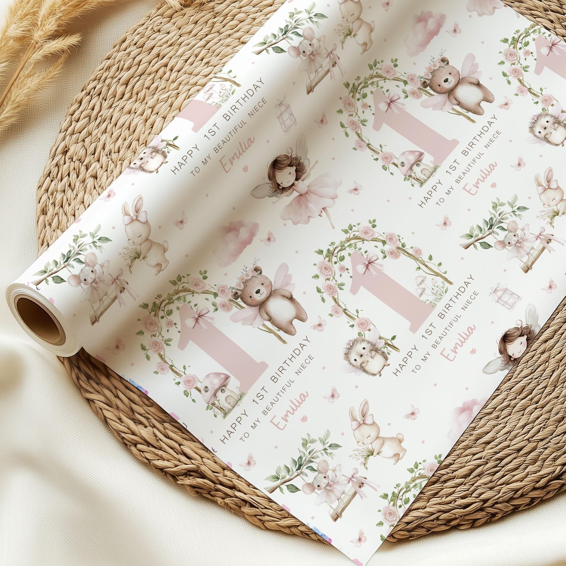 Girls Fairy Birthday Gift Wrapping Paper, Personalised 1st Birthday Woodland Fairy and Animals Gift Wrap for Daughter, Granddaughter, Niece