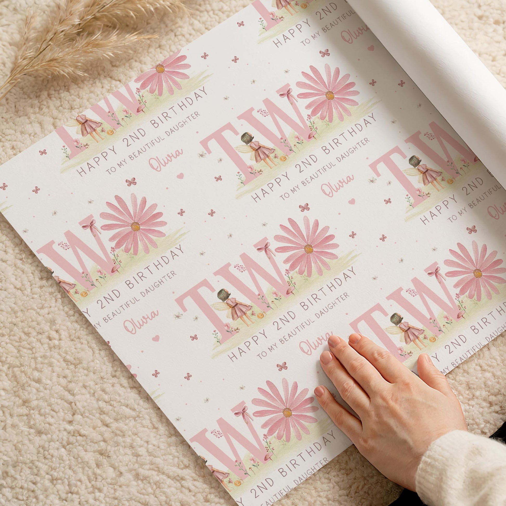 Pink Daisy Birthday Wrapping Paper, Personalised Fairy Gift Wrap for 2 Year Old Girl, for Daughter, Granddaughter, Niece 2nd Birthday Paper