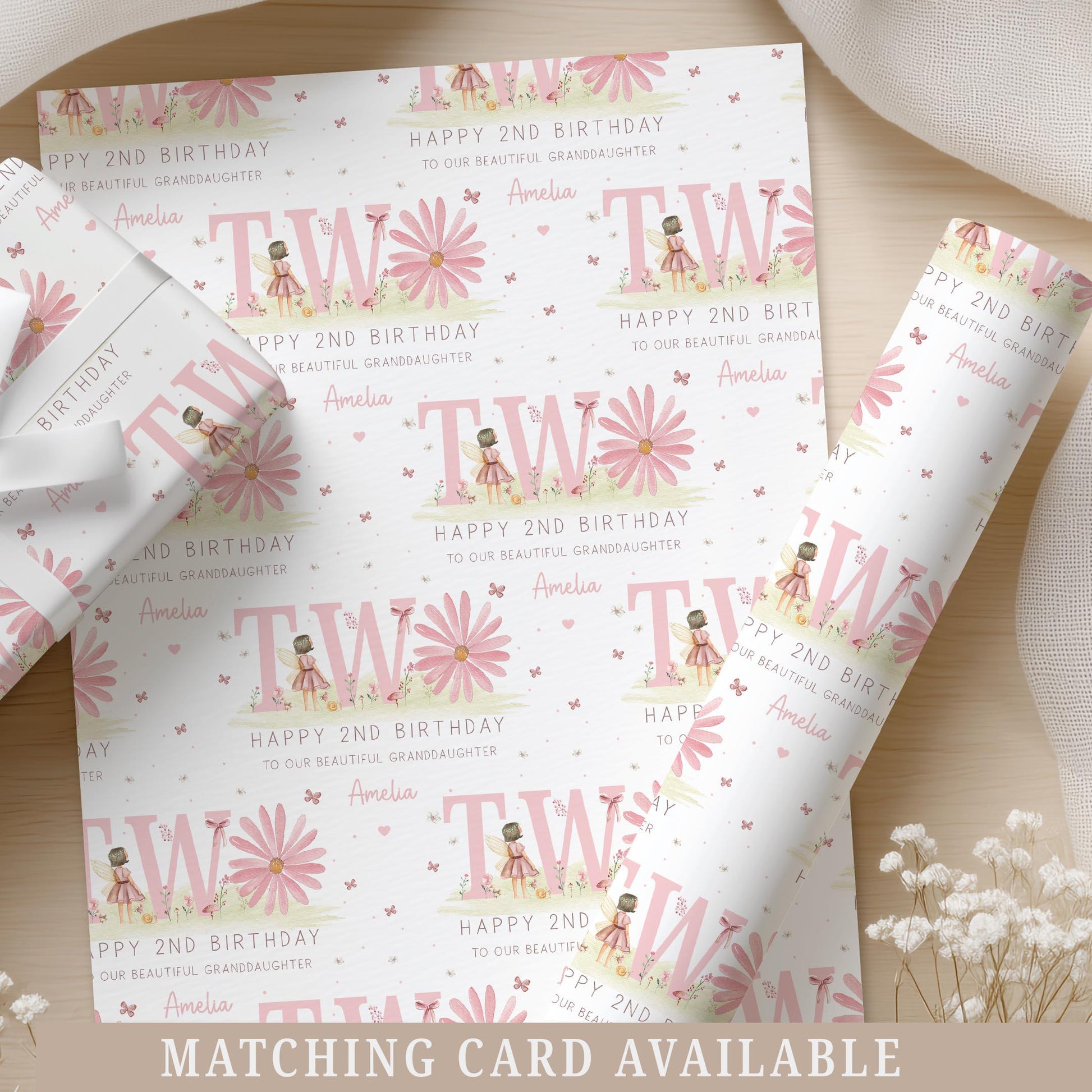 Pink Daisy Birthday Wrapping Paper, Personalised Fairy Gift Wrap for 2 Year Old Girl, for Daughter, Granddaughter, Niece 2nd Birthday Paper