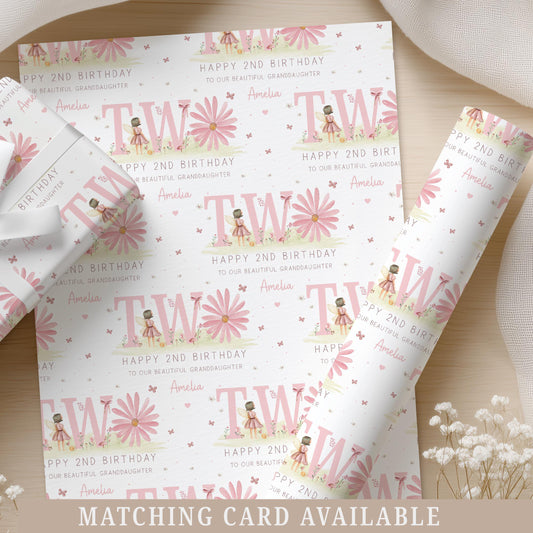 Pink Daisy Birthday Wrapping Paper, Personalised Fairy Gift Wrap for 2 Year Old Girl, for Daughter, Granddaughter, Niece 2nd Birthday Paper