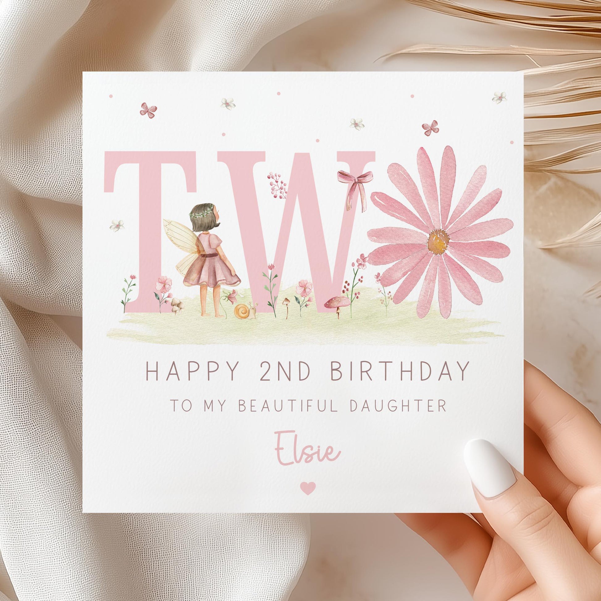Pink Daisy Birthday Wrapping Paper, Personalised Fairy Gift Wrap for 2 Year Old Girl, for Daughter, Granddaughter, Niece 2nd Birthday Paper