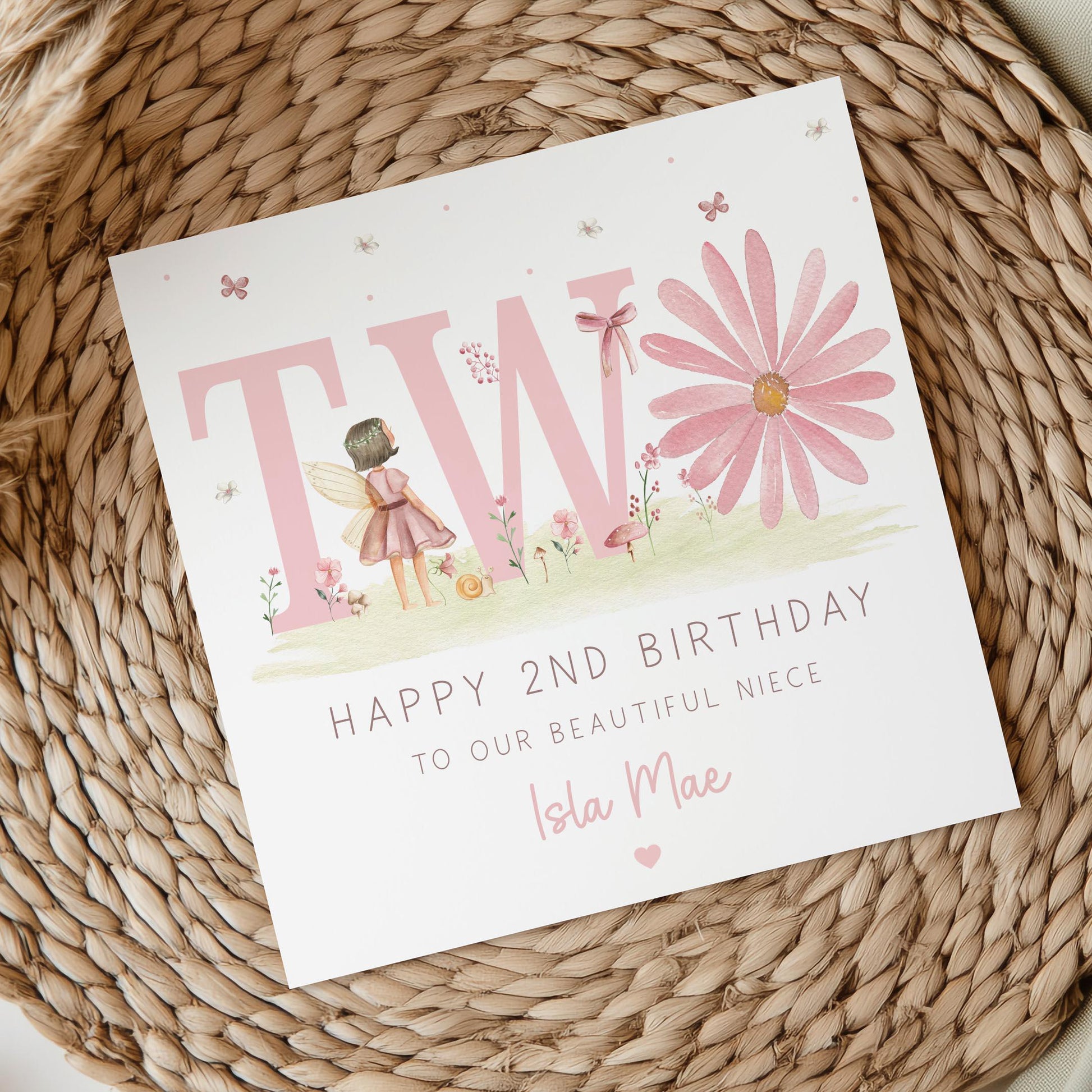 Pink Daisy Birthday Wrapping Paper, Personalised Fairy Gift Wrap for 2 Year Old Girl, for Daughter, Granddaughter, Niece 2nd Birthday Paper