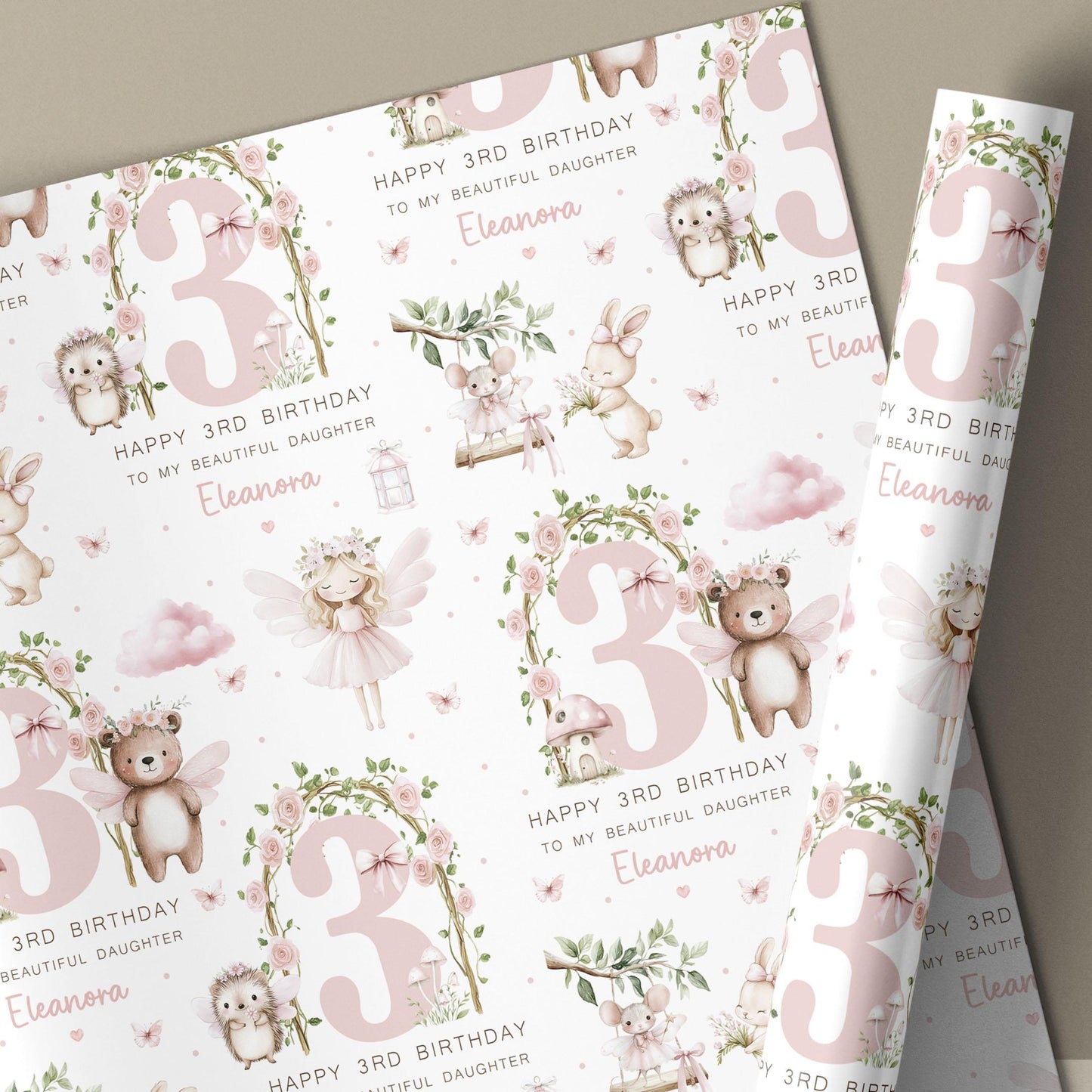 Personalised 3rd Birthday Card, 3 Year Old Birthday Card Woodland Fairy & Animals for Daughter, Granddaughter, Niece, Sister, Girls Age 3