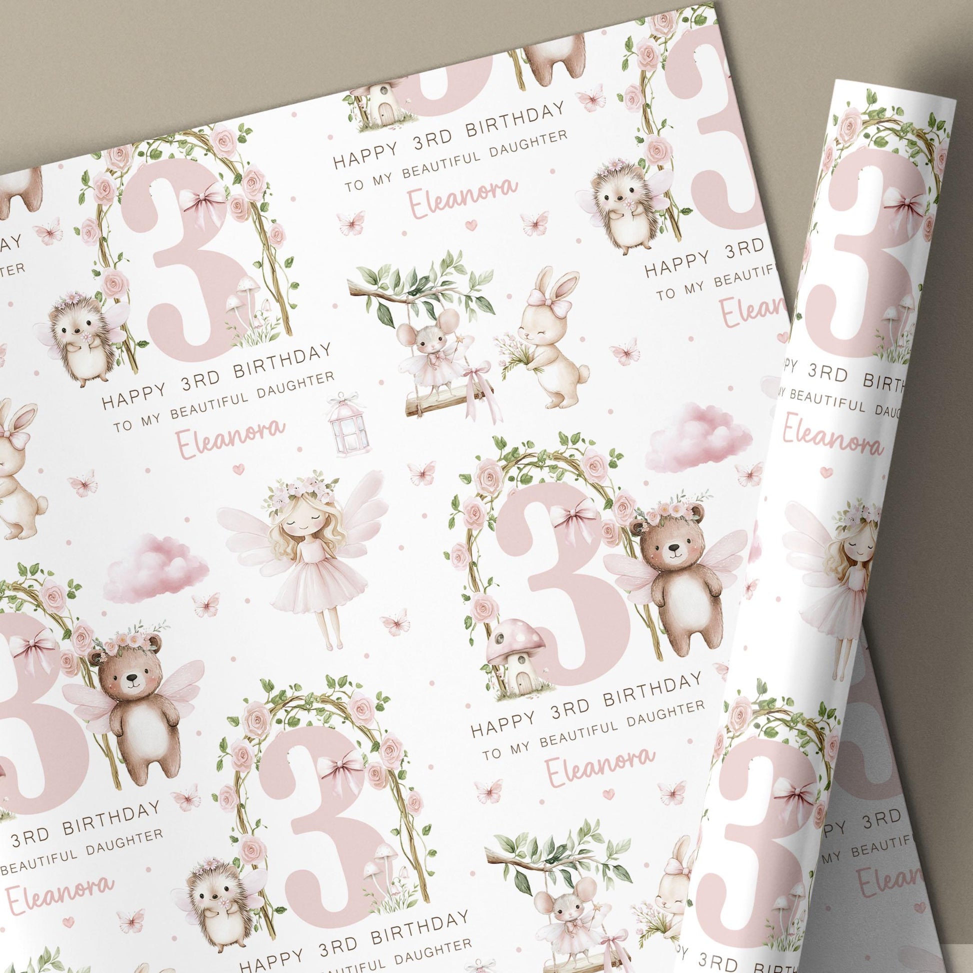 Personalised 3rd Birthday Card, 3 Year Old Birthday Card Woodland Fairy & Animals for Daughter, Granddaughter, Niece, Sister, Girls Age 3