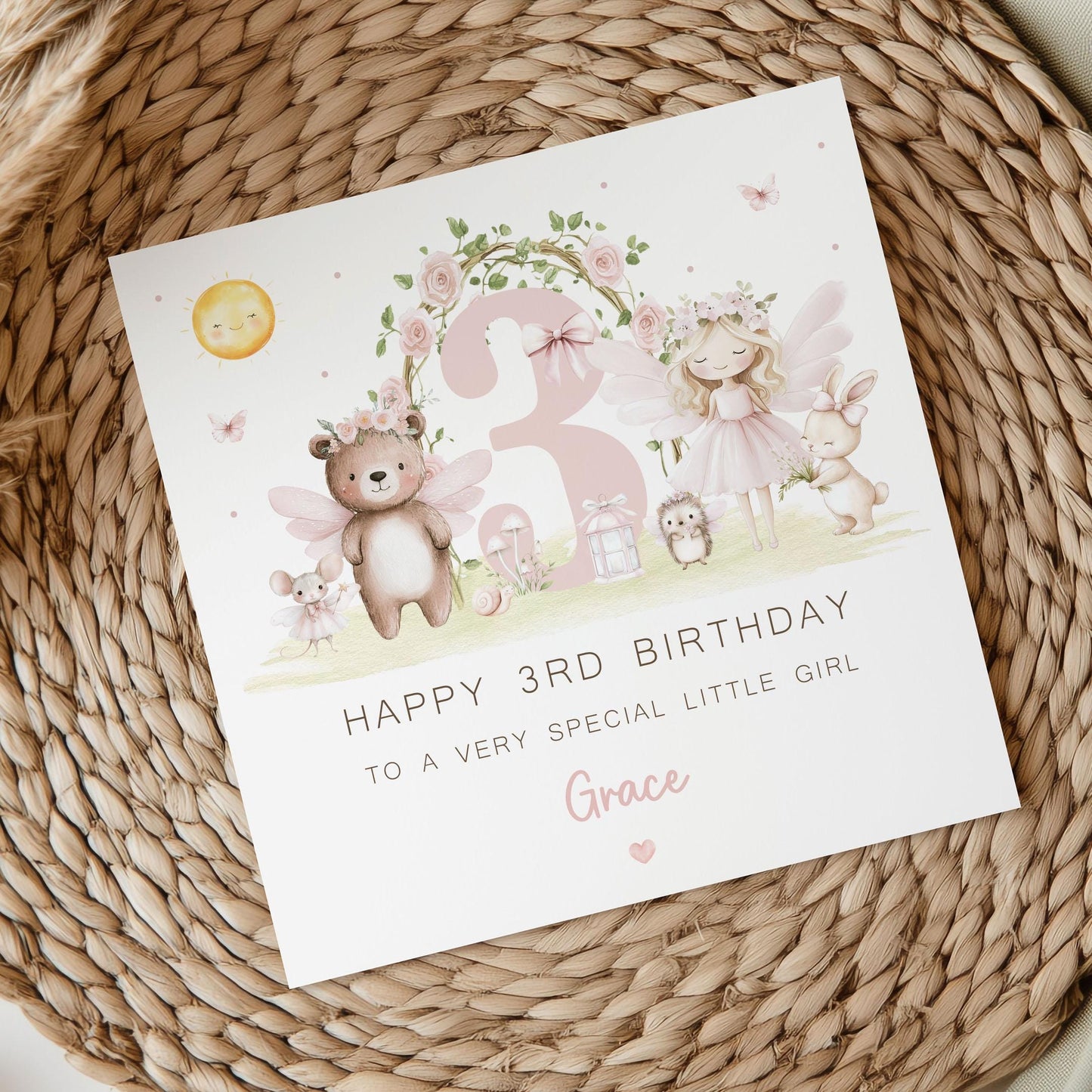 Personalised 3rd Birthday Card, 3 Year Old Birthday Card Woodland Fairy & Animals for Daughter, Granddaughter, Niece, Sister, Girls Age 3