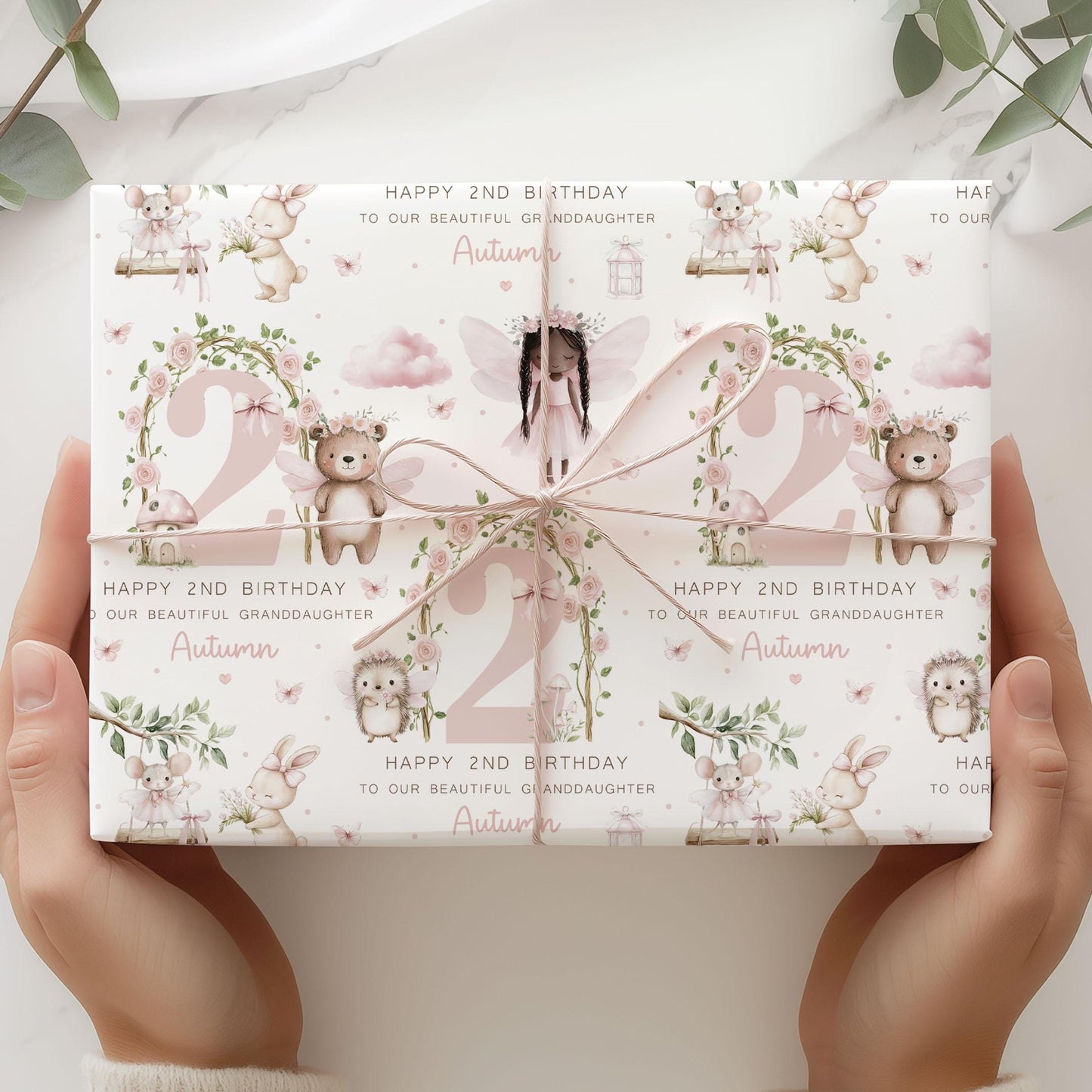 Woodland Fairy Birthday Gift Wrapping Paper, Personalised 2nd Birthday Fairy Gift Wrap for Daughter, Granddaughter, Niece, Age 2 Gift Wrap