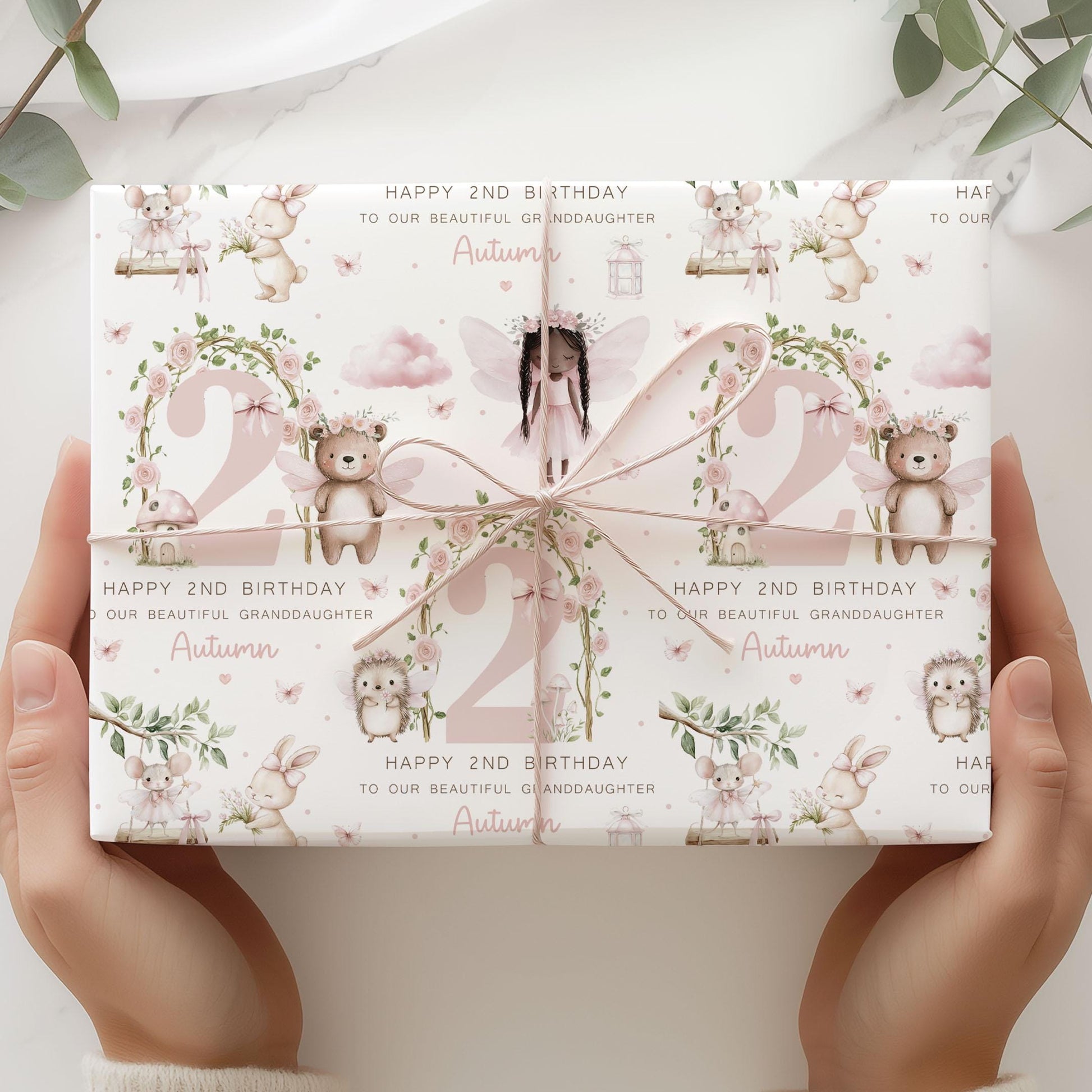 Woodland Fairy Birthday Gift Wrapping Paper, Personalised 2nd Birthday Fairy Gift Wrap for Daughter, Granddaughter, Niece, Age 2 Gift Wrap