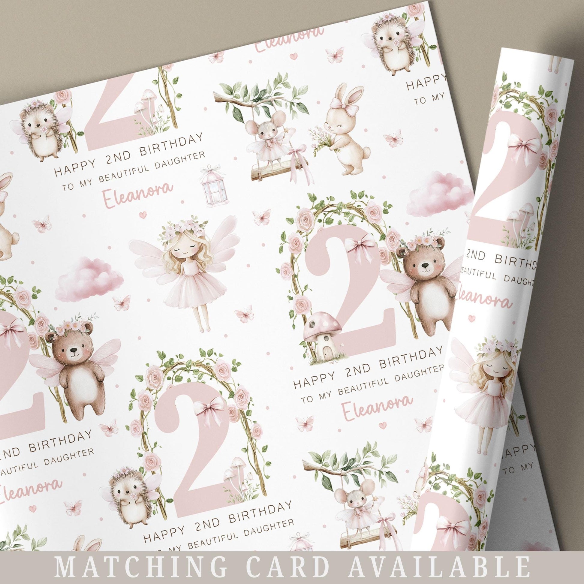 Woodland Fairy Birthday Gift Wrapping Paper, Personalised 2nd Birthday Fairy Gift Wrap for Daughter, Granddaughter, Niece, Age 2 Gift Wrap