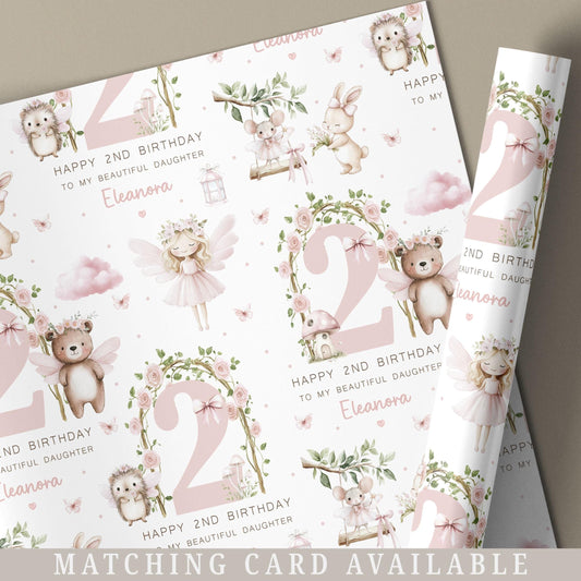 Woodland Fairy Birthday Gift Wrapping Paper, Personalised 2nd Birthday Fairy Gift Wrap for Daughter, Granddaughter, Niece, Age 2 Gift Wrap