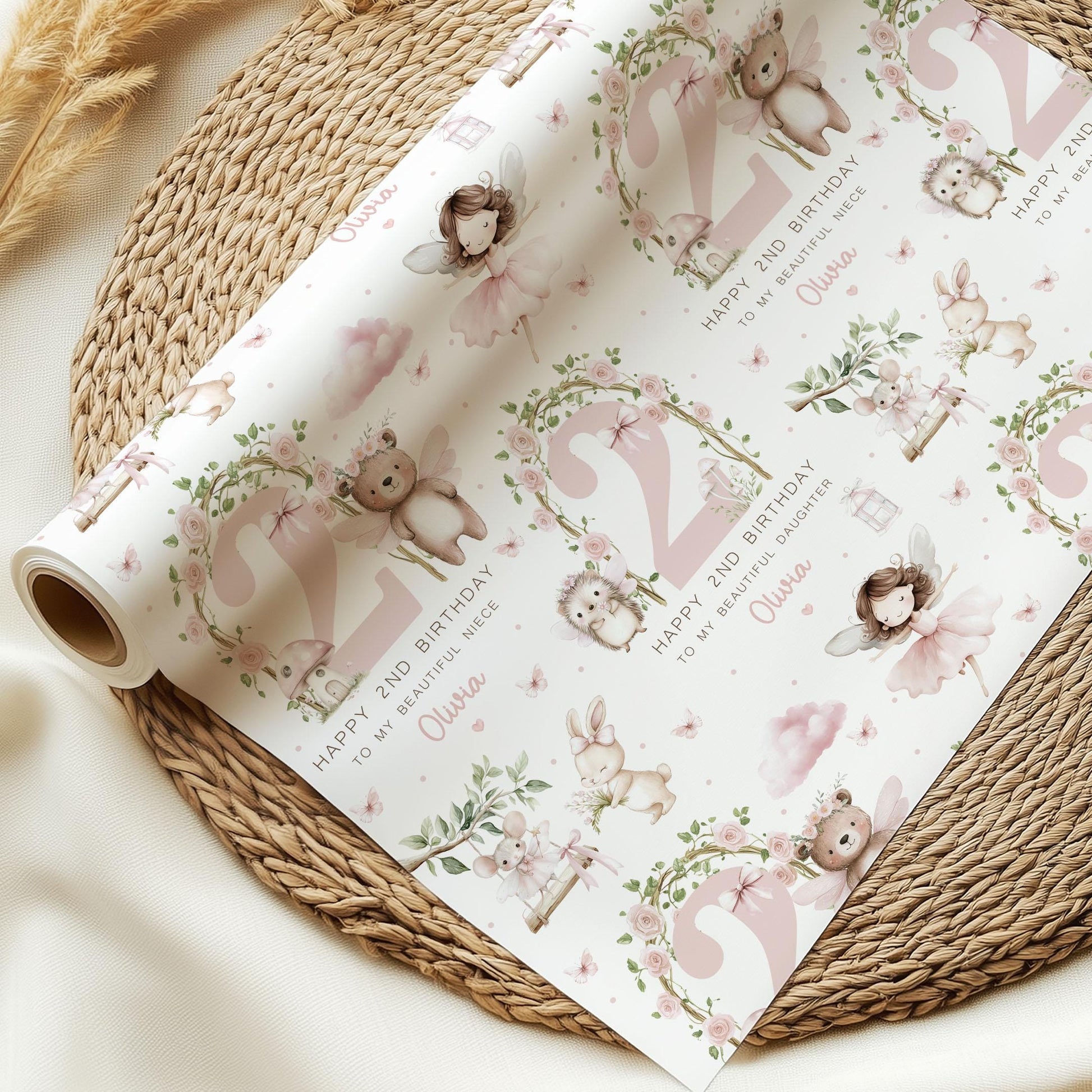 Woodland Fairy Birthday Gift Wrapping Paper, Personalised 2nd Birthday Fairy Gift Wrap for Daughter, Granddaughter, Niece, Age 2 Gift Wrap