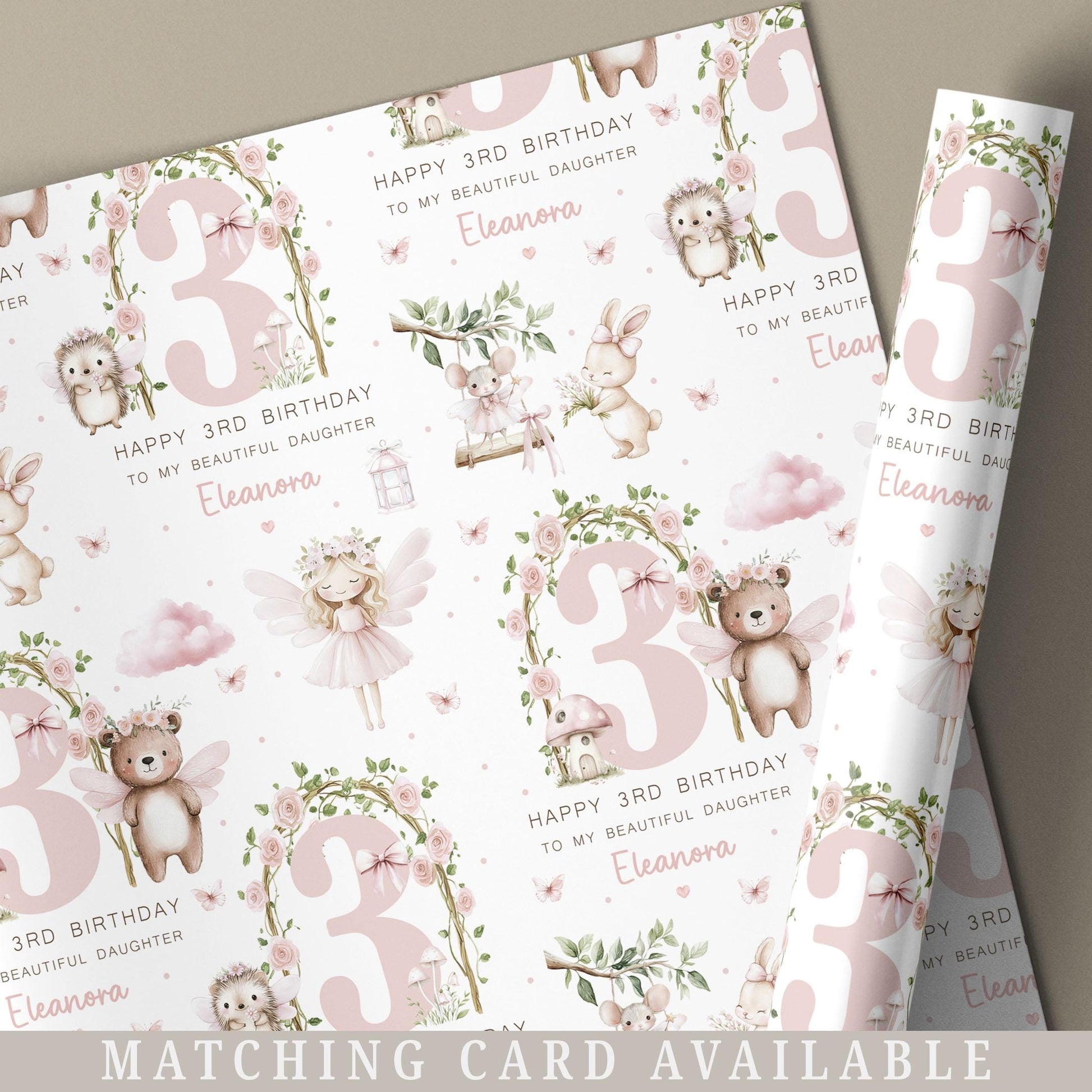 3rd Birthday Gift Wrapping Paper, Personalised 3rd Birthday Woodland Fairy Gift Wrap for Daughter, Granddaughter, Niece, Age 3 Gift Wrap