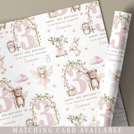 3rd Birthday Gift Wrapping Paper, Personalised 3rd Birthday Woodland Fairy Gift Wrap for Daughter, Granddaughter, Niece, Age 3 Gift Wrap