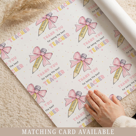 Teacher Thank You Wrapping Paper, Personalised Teacher Gift Wrap, End of Year Gift for Teaching Assistant, Keyworker, Pencil with Pink Bow