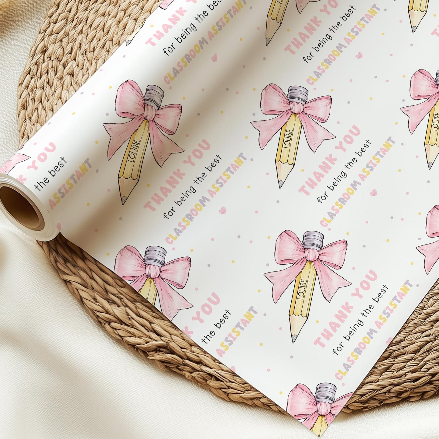Teacher Thank You Wrapping Paper, Personalised Teacher Gift Wrap, End of Year Gift for Teaching Assistant, Keyworker, Pencil with Pink Bow