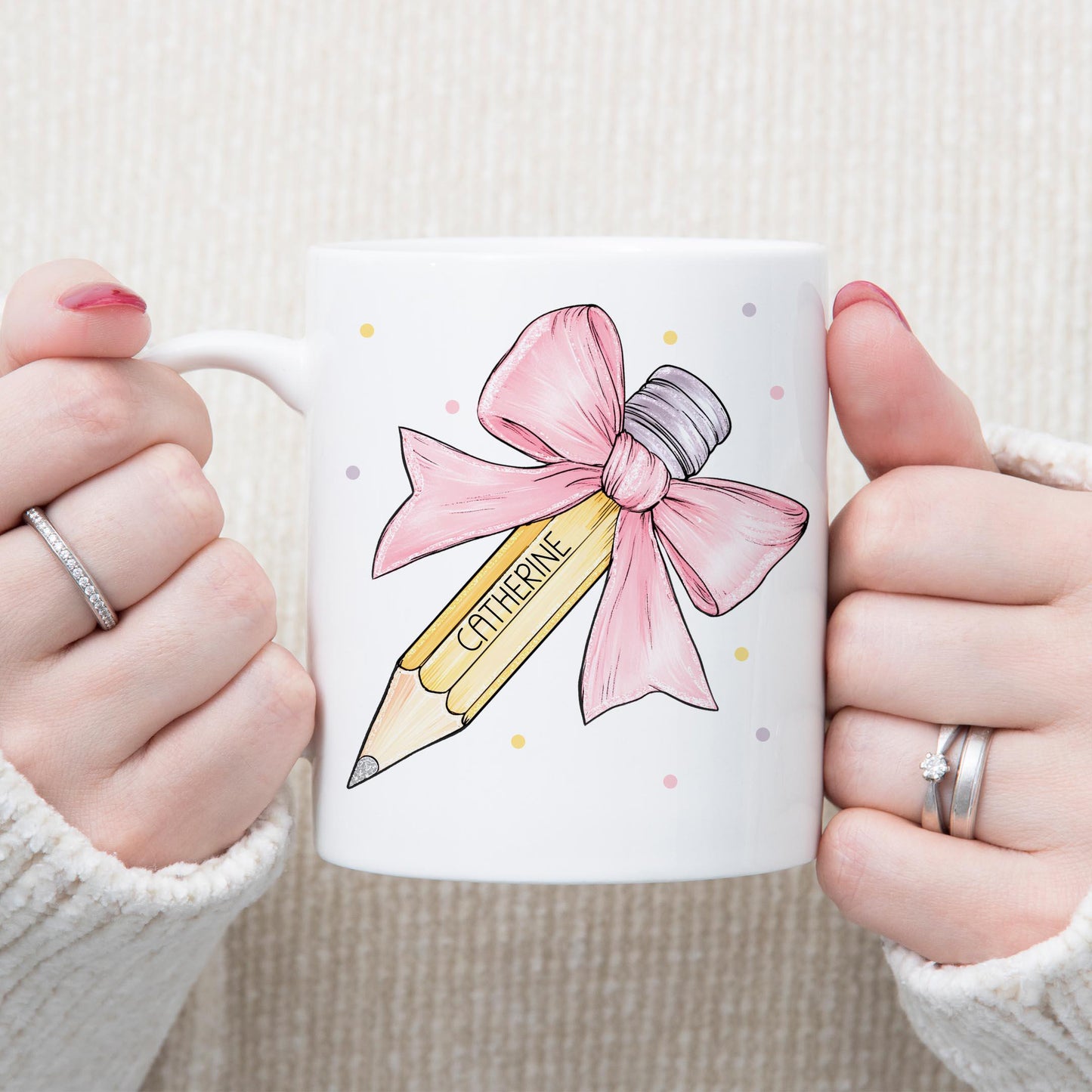 Personalised Teacher Mug, Gift for Teacher, Teaching Assistant, Classroom Assistant, Choice of Mug Colours, Gift for Her, Pencil Pink Bow