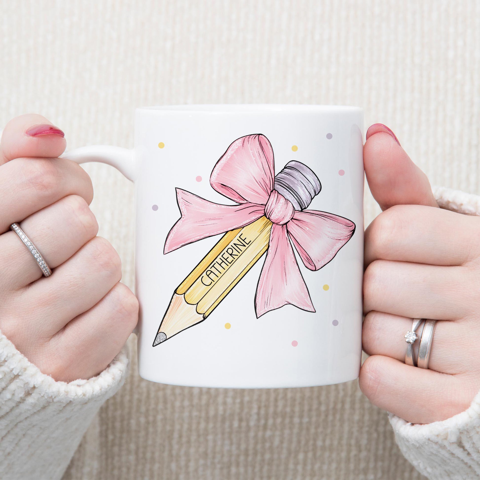 Personalised Teacher Mug, Gift for Teacher, Teaching Assistant, Classroom Assistant, Choice of Mug Colours, Gift for Her, Pencil Pink Bow