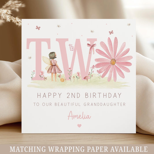 2nd Birthday Card for Girls, Personalised Pink Daisy and Fairy Birthday Card for 2 Year Old, Second Card for Daughter, Granddaughter, Niece